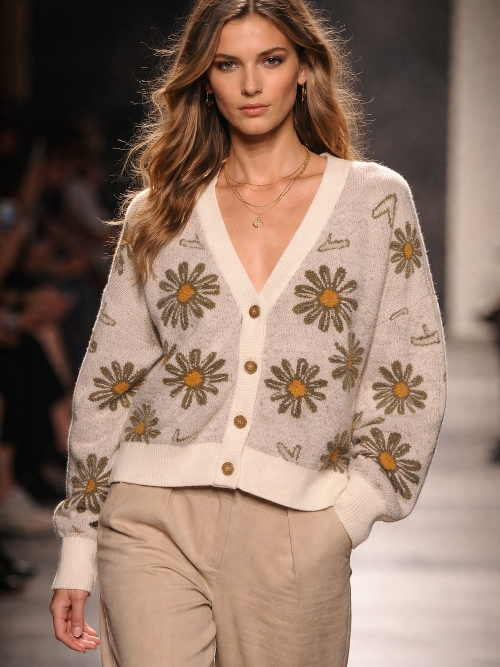 Cream Floral Daisy V-Neck Button Cardigan